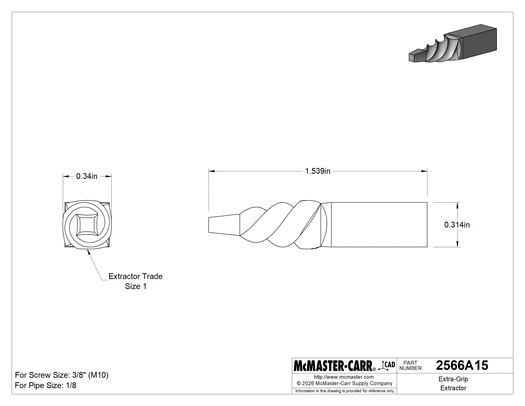 McMaster 2566A15 Extra-Grip Extractor, for Right-Hand Threads, Trade Size 1