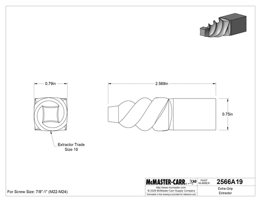 McMaster 2566A19 Extra-Grip Extractor, for Right-Hand Threads, Trade Size 10