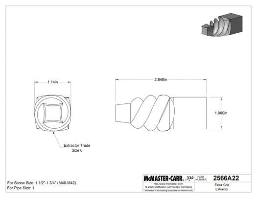 McMaster 2566A22 Extra-Grip Extractor, for Right-Hand Threads, Trade Size 6