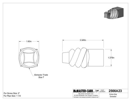 McMaster 2566A23 Extra-Grip Extractor, for Right-Hand Threads, Trade Size 7