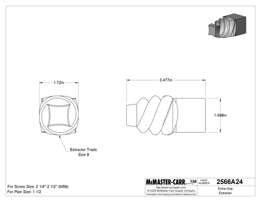 McMaster 2566A24 Extra-Grip Extractor, for Right-Hand Threads, Trade Size 8