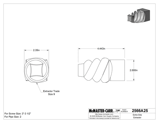 McMaster 2566A25 Extra-Grip Extractor, for Right-Hand Threads, Trade Size 9