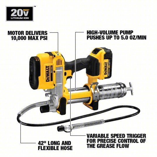 DeWalt DCGG571M1 Cordless Grease Gun 20 V Battery Volt, Battery Included, 5 fl oz Volume Per Min., Li - Ion - KVM Tools Inc.KV25DU72