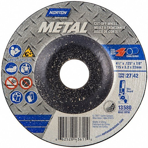 Norton 66252843611 Cut - Off & Grinding Wheel Type 27, 4 1/2" x 1/8" x 7/8", Aluminum Oxide, 24 Grit, Metal - KVM Tools Inc.KV25TY64