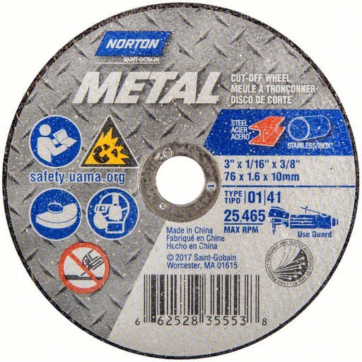 Norton 66252835553 Abrasive Cut - Off Wheel Type 1, 3 in x 1/16 in x 3/8 in, Aluminum Oxide, 36 Grit, Metal - KVM Tools Inc.KV25TZ46