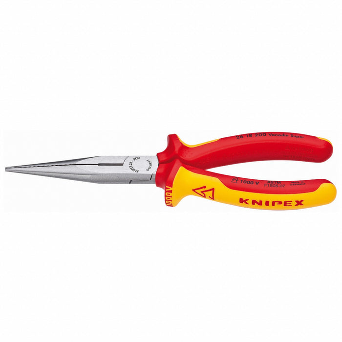 Knipex 26 18 200 SBA Long Nose Plier, Insulated, 1 in Max Jaw Opening, 8 in Overall Lg, 3 in Jaw Lg, 1/8 in Tip Wd