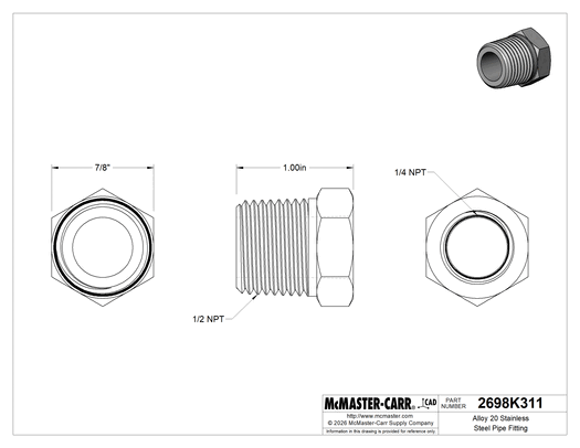 McMaster 2698K311 Alloy 20 Stainless Steel Pipe Fitting Medium-Pressure, Bushing Adapter, 1/2 Male x 1/4 Female