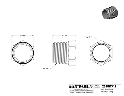 McMaster 2698K312 Alloy 20 Stainless Steel Pipe Fitting Medium-Pressure, Bushing Adapter, 3/4 Male x 1/2 Female