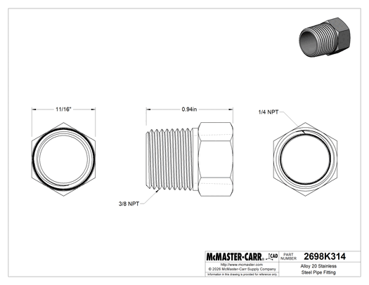 McMaster 2698K314 Alloy 20 Stainless Steel Pipe Fitting Medium-Pressure, Bushing Adapter, 3/8 Male x 1/4 Female