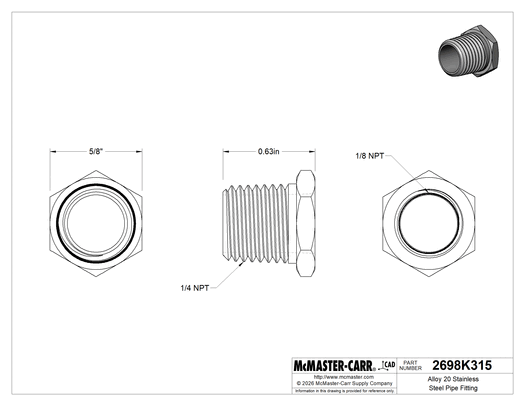 McMaster 2698K315 Alloy 20 Stainless Steel Pipe Fitting Medium-Pressure, Bushing Adapter, 1/4 Male x 1/8 Female