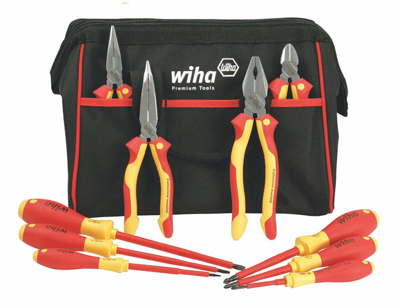 Wiha 32892 Insulated Tool Set, 10 Pc, 1000VAC, Screwdrivers/Pliers/Tool Bag
