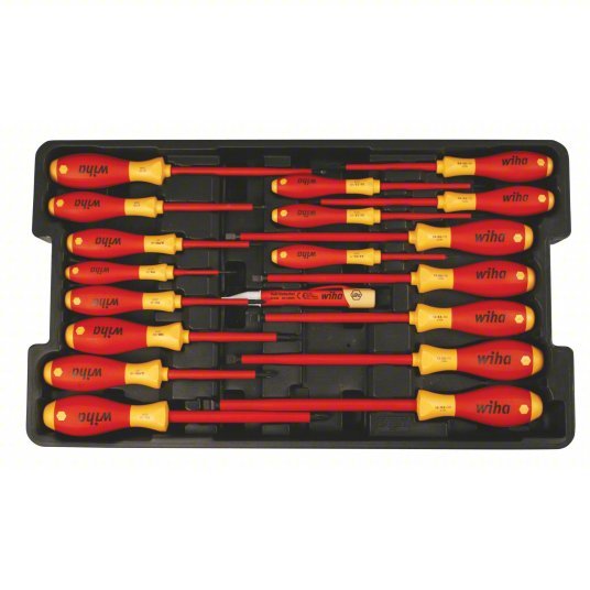 Wiha 32095 Insulated Screwdriver Set 19 Pieces, Phillips/Slotted/Square Tip, Ergonomic Grip, Molded Tray - KVM Tools Inc.KV26X279