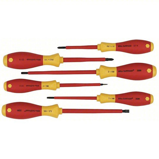 Wiha 35891 Insulated Screwdriver Set 6 Pieces, Phillips/Slotted/Square Tip, 1/8 in/7/32 in Tip Size - KVM Tools Inc.KV26X288