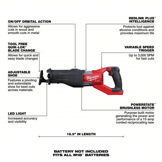 Milwaukee 2722 - 20 Reciprocating Saw 1 1/4 in Stroke Lg, 3,000 Max. Strokes per Minute, Orbital, Brushless Motor, 18 V - KVM Tools Inc.KV54XX84
