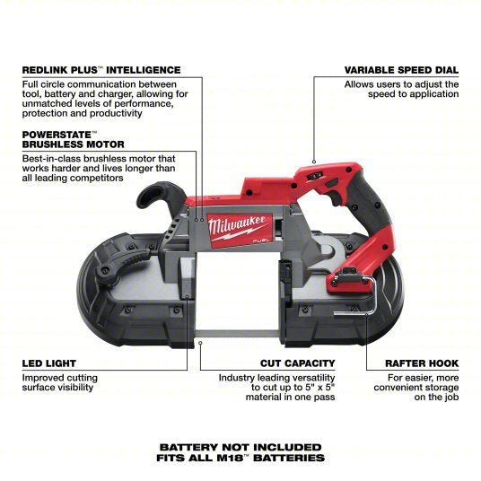 Milwaukee 2729 - 20 Portable Band Saw 44 7/8 in Blade Lg, 5 in x 5 in, 0 to 380 SFPM, Brushless Motor, Bare Tool, 18 V - KVM Tools Inc.KV31MJ78