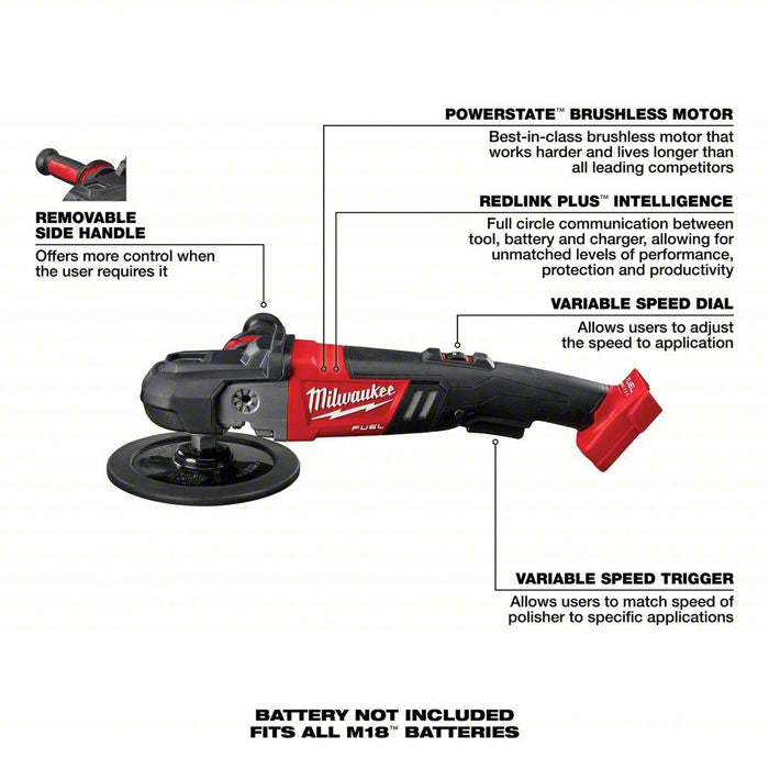 Milwaukee 2738 - 20 Cordless Polisher M18, Bare Tool, 7 in Backing Pad, Rotary, Hook and Loop, Variable Speed - KVM Tools Inc.KV49EG82