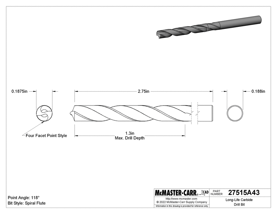 McMaster 27515A43 Long-Life Carbide Drill Bit, 3/16" Size