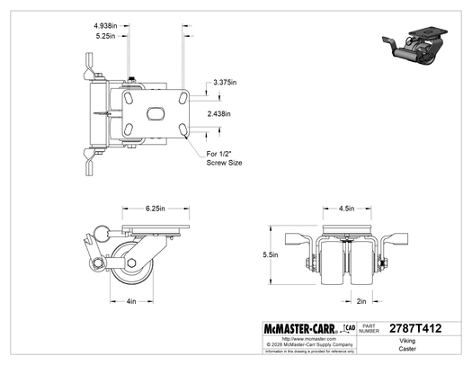 McMaster 2787T412 Viking Caster, High-Capacity, Swivel with Lock and Nylon Wheels, 4" Wheel, 1,600 lb