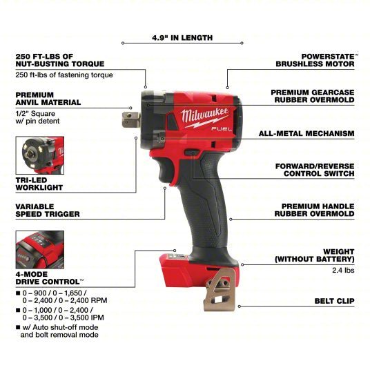 Milwaukee 2855P - 20 Impact Wrench 1/2 in Square Drive Size, 250 ft - lb Fastening Torque, 250 ft - lb Breakaway Torque - KVM Tools Inc.KV60YT18