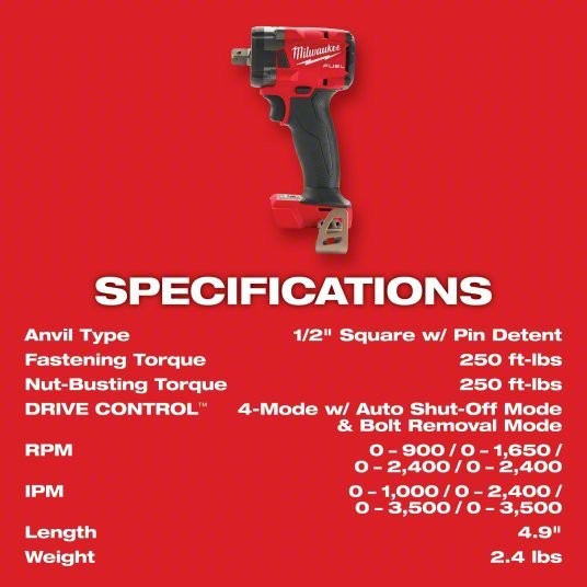 Milwaukee 2855P - 20 Impact Wrench 1/2 in Square Drive Size, 250 ft - lb Fastening Torque, 250 ft - lb Breakaway Torque - KVM Tools Inc.KV60YT18
