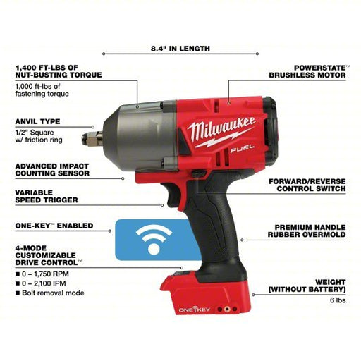 Milwaukee 2863 - 20 Impact Wrench 1/2 in Square Drive Size, 1,000 ft - lb Fastening Torque, 1,400 ft - lb Breakaway Torque - KVM Tools Inc.KV423K57