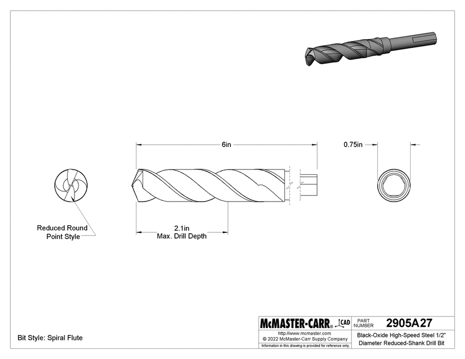 McMaster 2905A27 Black-Oxide High-Speed Steel 1/2" Diameter Reduced-Shank Drill Bit with Flats on Shank, 3/4" Size, 6" Overall Length