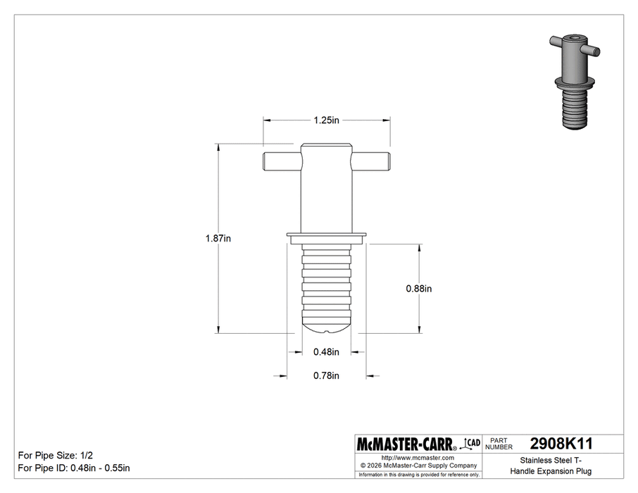 McMaster 2908K11 Stainless Steel T-Handle Expansion Plug for 1/2 Pipe Size