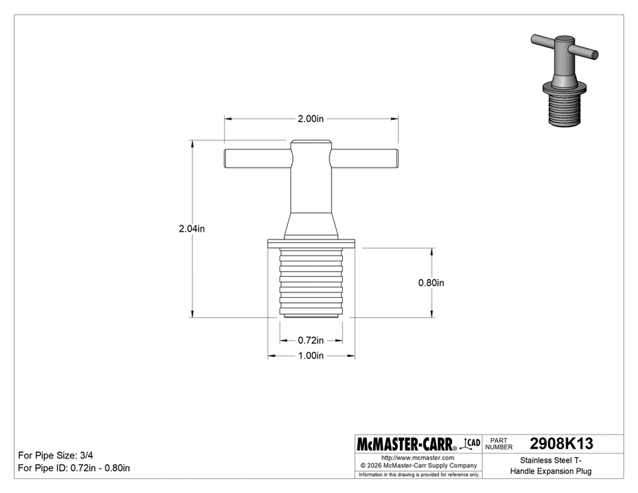 McMaster 2908K13 Stainless Steel T-Handle Expansion Plug for 3/4 Pipe Size