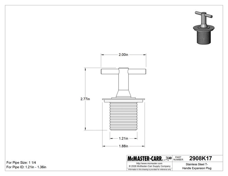McMaster 2908K17 Stainless Steel T-Handle Expansion Plug for 1-1/4 Pipe Size