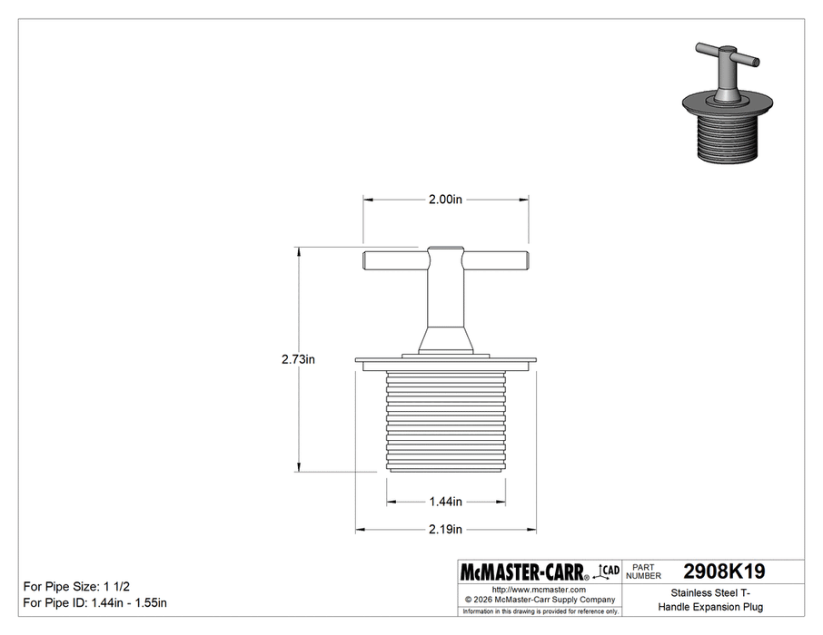 McMaster 2908K19 Stainless Steel T-Handle Expansion Plug for 1-1/2 Pipe Size