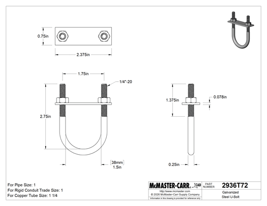 McMaster 2936T72 Galvanized Steel U-Bolt, with Mounting Plate, 1/4"-20 Thread Size, 1-1/2" ID