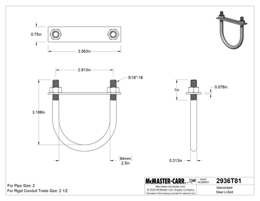 McMaster 2936T81 Galvanized Steel U-Bolt, with Mounting Plate, 5/16"-18 Thread Size, 2-1/2" ID