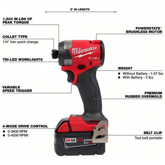 Milwaukee 2953 - 22 Impact Driver Kit 2,000 in - lb Max. Torque, 3,900 RPM Free Speed, 4,400 Impacts per Minute, 5.0 Ah - KVM Tools Inc.KV794JK9