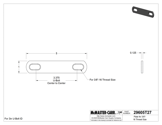 McMaster 29605T27 316 Stainless Steel U-Bolt Mounting Plate, for 3/8"-16 Thread Size, 3" ID