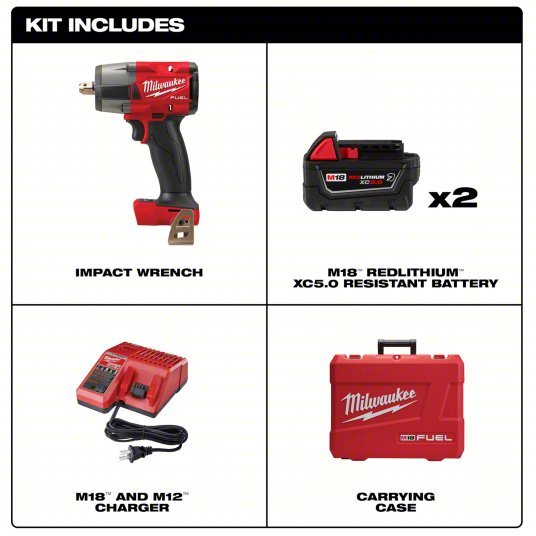 Milwaukee 2962P - 22R Impact Wrench Kit 1/2 in Drive Size, 550 ft - lb Fastening Torque, 650 ft - lb Breakaway Torque, 18 V - KVM Tools Inc.KV794JM3