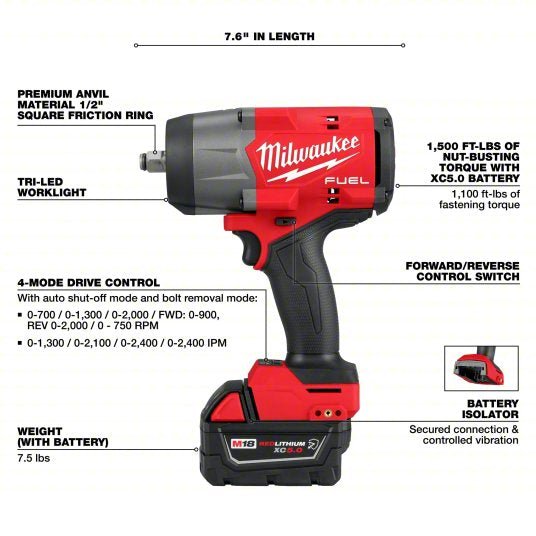 Milwaukee 2967 - 22 High Torque Impact Wrench Kit 1/2 in Drive Size, 1,100 ft - lb Fastening Torque, 1,500 ft - lb Breakaway Torque, Brushless - KVM Tools Inc.KV809JL6