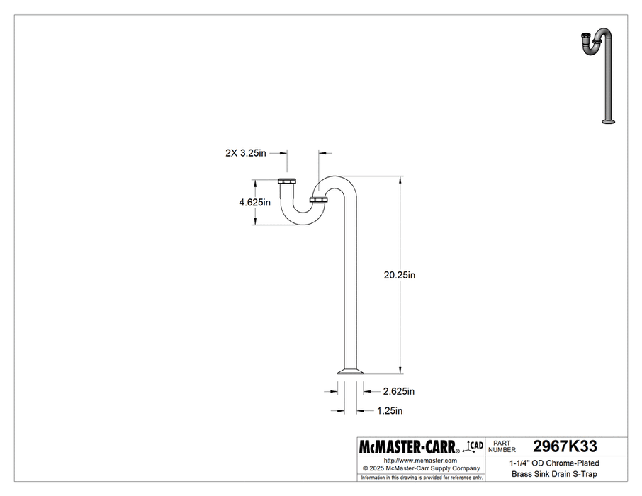 McMaster 2967K33 1-1/4" OD Chrome-Plated Brass Sink Drain S-Trap