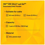 3M DBI - Sala 6160030 Cable Sleeve Trailing, Stainless Steel, Auto, 310 lb Capacity, 0.38 in Cable Dia - KVM Tools Inc.KV29EZ46