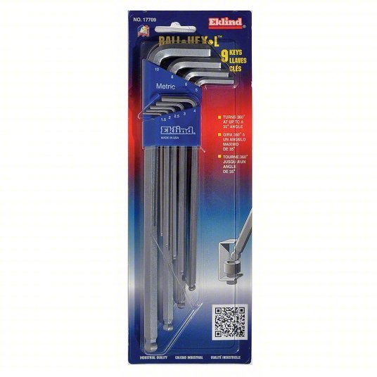 Eklind 17709 Hex Key Set Metric, Extra Long, 9 Pieces, Plastic Holder, Nickel Plated, 2 Tips - KVM Tools Inc.KV29RU72