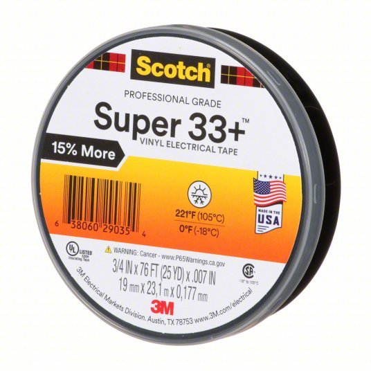 3M 33+SUPER - 3/4X76FT Insulating Electrical Tape Gen Purpose, Vinyl, 3/4 in x 76 ft, Black - KVM Tools Inc.KV2A225