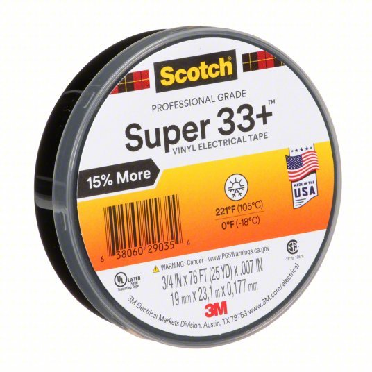 3M 33+SUPER - 3/4X76FT Insulating Electrical Tape Gen Purpose, Vinyl, 3/4 in x 76 ft, Black - KVM Tools Inc.KV2A225