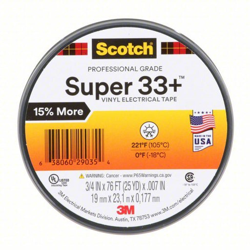 3M 33+SUPER - 3/4X76FT Insulating Electrical Tape Gen Purpose, Vinyl, 3/4 in x 76 ft, Black - KVM Tools Inc.KV2A225