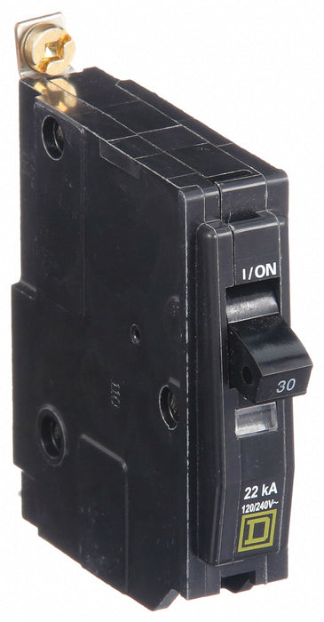 Square D QOB130VH Miniature Circuit Breaker, QO Series, 30 A, 1-Pole, 120/240 V AC, Bolt-On, High Interrupting Capacity 22kA, Paddle Actuator