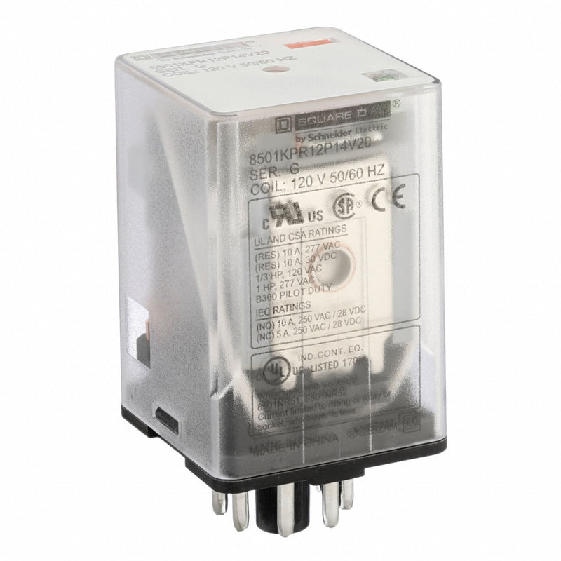 Schneider 8501KPR12P14V20 General Purpose Relay, Socket Mounted, 10 A Current Rating, 120V AC, DPDT, A Socket