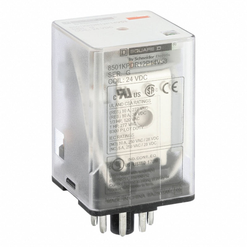 Schneider 8501KPDR12P14V53 General Purpose Relay, Socket Mounted, 10 A Current Rating, 24V DC, DPDT, 8 Pins/Terminals