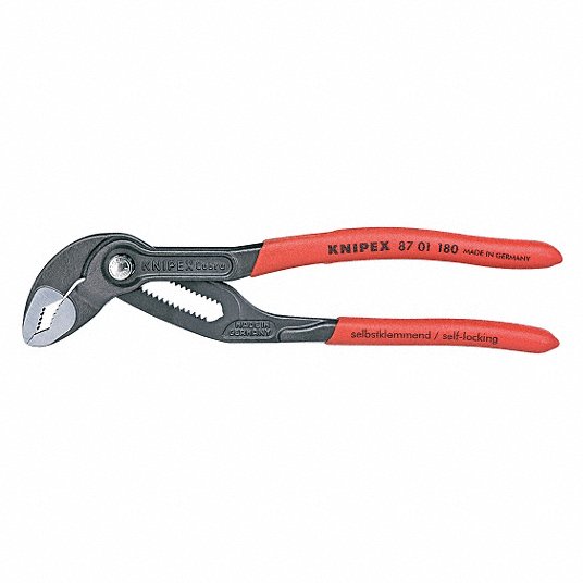 Knipex 87 01 180 SBA Water Pump Plier V, Push Button, 1 1/2 in Max Jaw Opening, 180 mm Overall Lg, 18 Jaw Positions