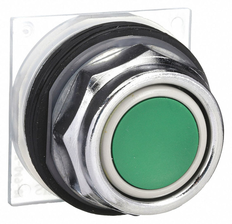 Schneider 9001KR1G Flush Push Button, Green, 30 mm Mounting Size, Metallic, Momentary