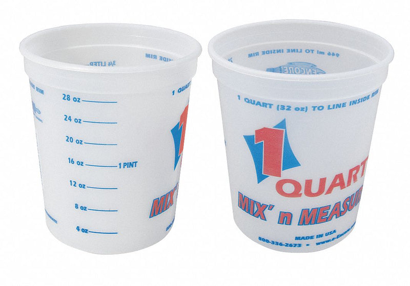 Leaktite 1044500 Paint Mix & Measure Container, 1 qt Capacity, 5-1/4 in H x 4-5/8 in Dia, White HDPE, with Ounce/Metric Gradations, 24 PK