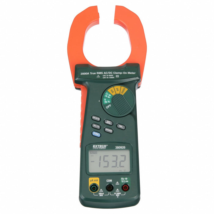 Extech 380926 Digital Clamp Meter, TRMS, CAT IV 600V, 2,000 A Max AC, 2.0 in Jaw, Backlit Digital Display