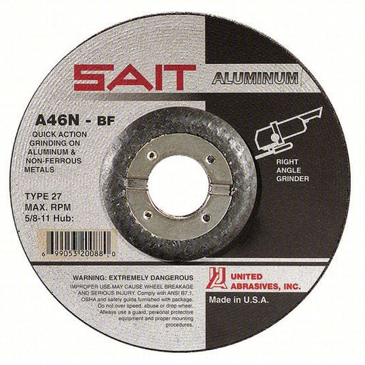 SAIT 20062 Depressed Center Grinding Wheel Type 27, 4 1/2 in x 1/4 in x 7/8 in, Aluminum Oxide, 46 Grit - KVM Tools Inc.KV2KMH2